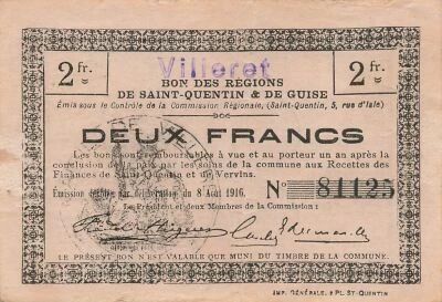 Frankreich 2 Francs - Saint-Quentin and Guise Regions - Villeret - 08-08-1916