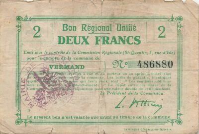 Frankreich 2 Francs - Unified Regional Bill - City of Vermand