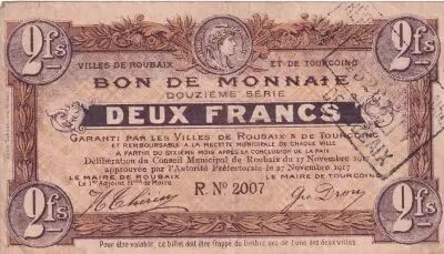 Frankreich 2 Francs - Ville -  Roubaix-Tourcoing  - 1917 -  12�me s�rie - R2007