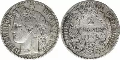 Frankreich 2 Francs Ceres - 1872 K Bordeaux Silver