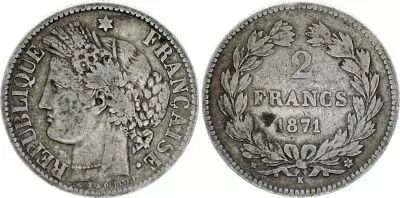 Frankreich 2 Francs Ceres 1871 K Bordeaux - within wreath - F to VF - Silver  KM.816