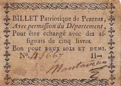 Frankreich 2 Sols et Demi - Herault - Billet Patriotique de Pezenas - 1792