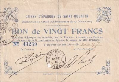 Frankreich 20 Francs - Caisse d\'�pargne - Saint-Quentin - 24-10-1914 - ANNUL�