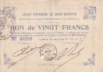 Frankreich 20 Francs - Caisse d\'&eacute;pargne - Saint-Quentin - 24-10-1914 - ANNUL&Eacute;