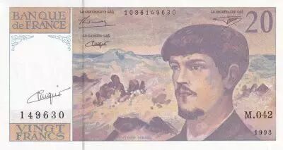 Frankreich 20 Francs - Debussy - Sign Vigier - 1993 - Serial M.042 - P.151