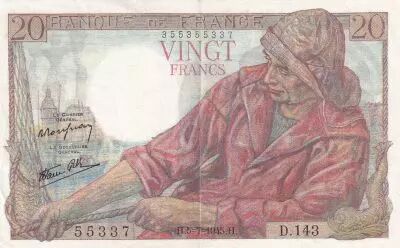 Frankreich 20 Francs - Fisher - 05-07-1945 - Serial D.143 - P.100