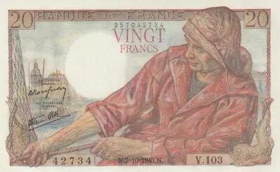 Frankreich 20 Francs - fisherman - 07-10-1943 - Serial V.103
