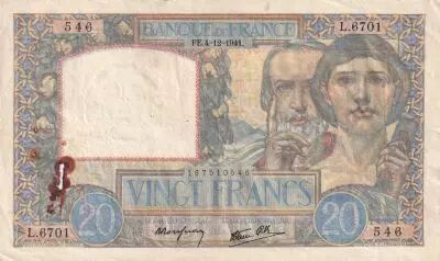 Frankreich 20 Francs - Science and Industry - 04-12-1941 - Serial L.6701 - P.92