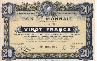 Frankreich 20 Francs - Ville -  Roubaix-Tourcoing  - 09-08-1917 -  8�me S�rie - 4431