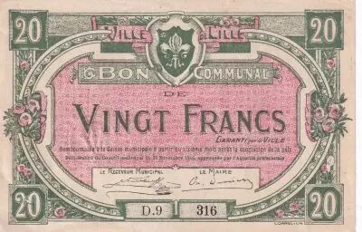 Frankreich 20 francs - Ville de Lille - 28-11-1916 - S�rie D9 316