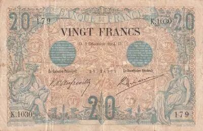 Frankreich 20 Francs Black - 28-12-1904 - Serial A.1111