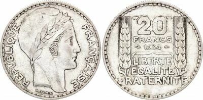 Frankreich 20 Francs Marian with laureate head -1934 Silver