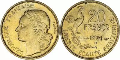 Frankreich 20 Francs Woman head - 1951 B Beamont-le-Roger