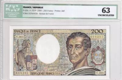 Frankreich 200 Francs - Montesquieu - 1989 - Serial E.V.066 - ICG 63UNC