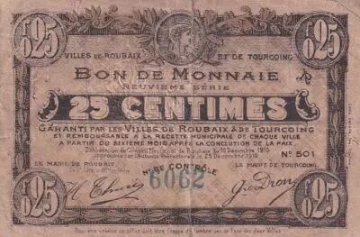 Frankreich 25 Centimes - Ville - Roubaix-Tourcoing - 16-12-1916 - 9�me s�rie