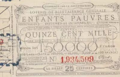 Frankreich 25 Centimes Loterie de Bienfaisance G�n�rale des Enfants Pauvres  - 1853 - VF