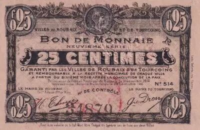 Frankreich 25 Cents - Ville - Roubaix-Tourcoing - 16-12-1916 - 9�me s�rie