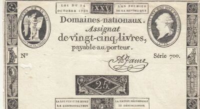 Frankreich 25 Livres - Angel with the Constitution on the left - Louis XVI on the right - 24-10-1792 - Series 700