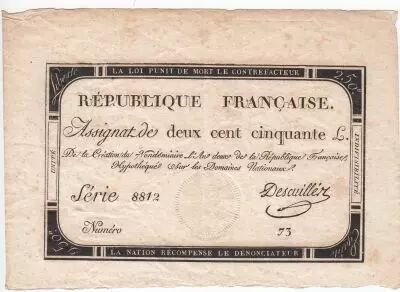 Frankreich 250 Livres 7 Vendemiaire An II - 28.9.1793 - Sign.  Descuiller - VF