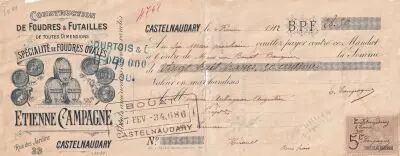 Frankreich 28.50 francs - Receipt for bank cheque - Construction of casks and barrels of all sizes - 1912