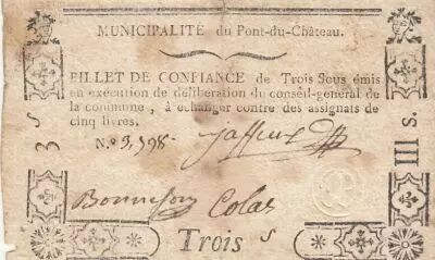Frankreich 3 sous - Puy de d�me - Municipality of Pont du ch�teau - 1792