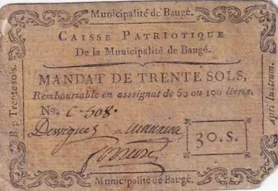 Frankreich 30 Sols - Maine et loire - Caisse Patriotique de Baug� - 11-04-1792
