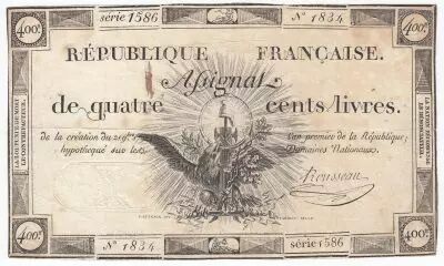 Frankreich 400 Livres 21-11-1792 - Sign. Rousseau Serial 1586 - VF