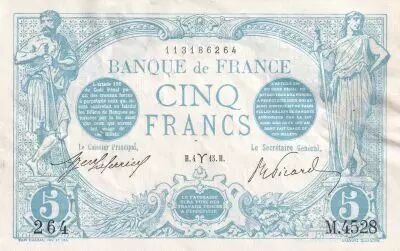 Frankreich 5 Francs - Blue - 04-03-1915 - Serial M.4528 - P.70
