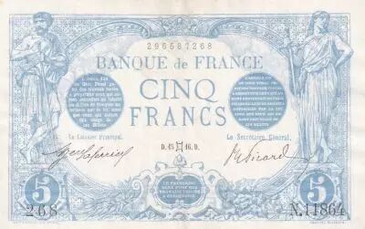 Frankreich 5 Francs - Blue - 16-05-1916 - Serial N.11864