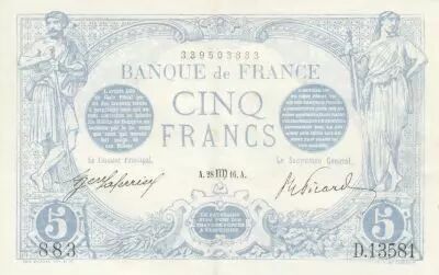 Frankreich 5 Francs - Blue - 28-08-1916 - Serial D.13581