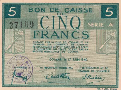 Frankreich 5 Francs , Colmar Chambre de Commerce, serial A
