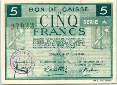 Frankreich 5 Francs , Colmar Chambre de Commerce, s�rie A