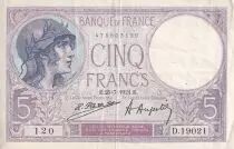 Frankreich 5 Francs - Helmeted woman - 25-07-1924 - Serial D.19021 - P.72