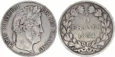 Frankreich 5 Francs - Louis-Philippe Ier - Tranche en relief - A Paris - 1834