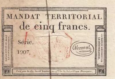 Frankreich 5 Francs - Mandat Territorial - 28 Ventose de l\'an 4 - Serial 1907 - Red stamp
