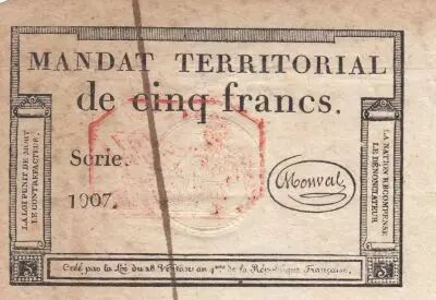 Frankreich 5 Francs - Mandat Territorial - 28 Ventose de l\'an 4 - Serial 1907 - Red stamp