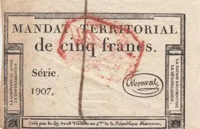 Frankreich 5 Francs - Mandat Territorial - 28 Ventose de l\'an 4 - Serial 1907 - Red stamp