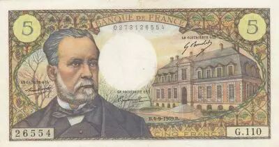 Frankreich 5 Francs - Pasteur 04-09-1969 - Serial G.110