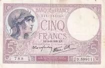 Frankreich 5 Francs - Purple - 03-08-1939  - Serial D.59911 - P.79
