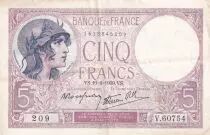 Frankreich 5 Francs - Purple - 10-08-1939  - Serial V.60754 - P.79