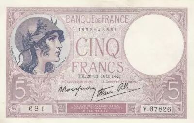 Frankreich 5 Francs - Purple - 26-12-1940 - Serial V.67826