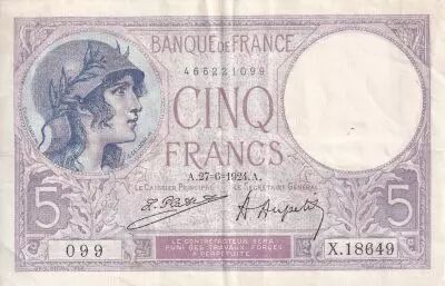 Frankreich 5 Francs - Purple - 27-06-1924 - Serial X.18649 - P.79