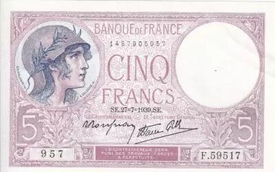 Frankreich 5 Francs - Purple - 27-07-1939  - Serial F.59517 - P.79