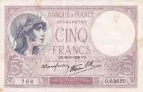 Frankreich 5 Francs - Purple - 28-09-1939  - Serial O.63620-766 - P.79