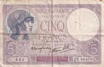 Frankreich 5 Francs - Purple - 28-11-1940  - Serial V.66470 - P.79