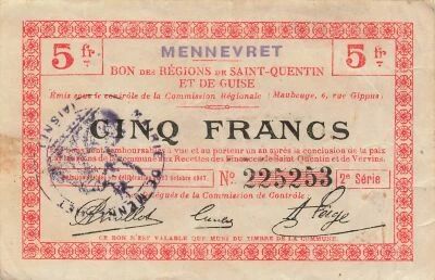 Frankreich 5 Francs - Saint-Quentin and Guise Regions - Mennevret - 27-10-1917