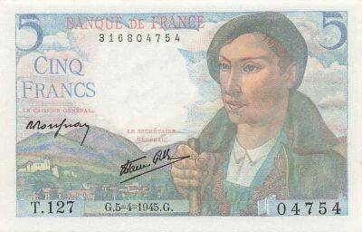 Frankreich 5 Francs - Sheperd - 05-04-1945 - Serial T.127