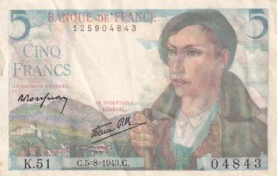 Frankreich 5 Francs - Shepherd - 05-08-1943 - Serial K.51
