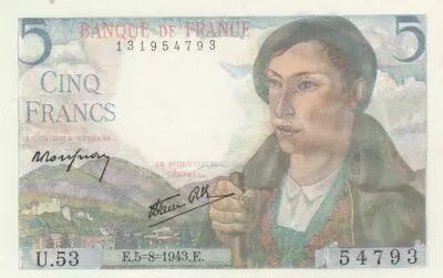 Frankreich 5 Francs - Shepherd - 05-08-1943 - Serial U.53