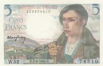 Frankreich 5 Francs - Shepherd - 05-08-1943 - Serial W.52